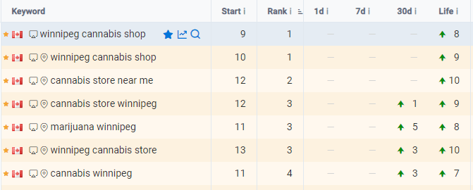 chart displaying keyword rankings