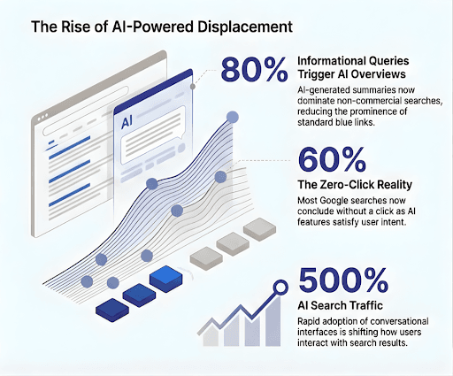 Bar chart comparing organic click-through rates for queries with and without AI Overviews.