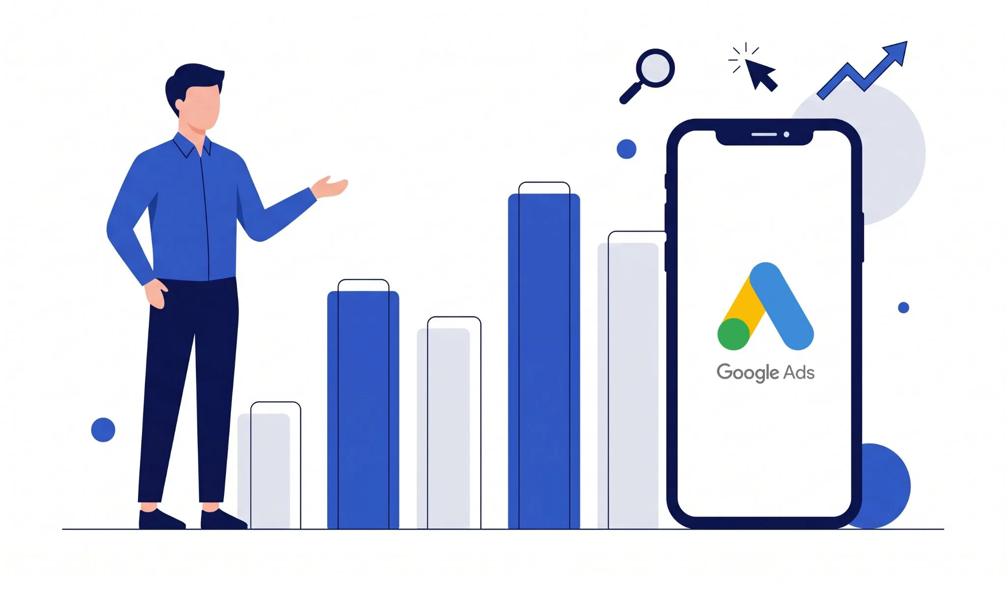 Illustration of Google Ads campaign performance with a smartphone displaying the Google Ads logo and a growing bar chart.