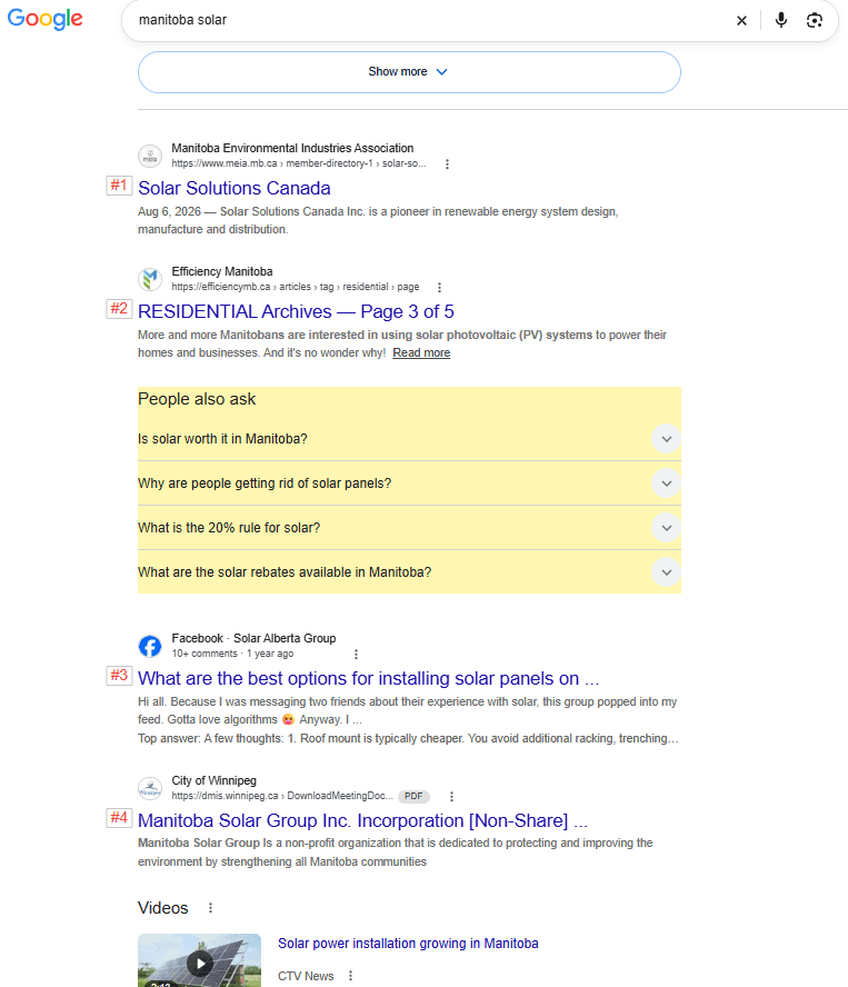 Automated rank tracker results for manitoba solar showing informational pages and a Facebook group