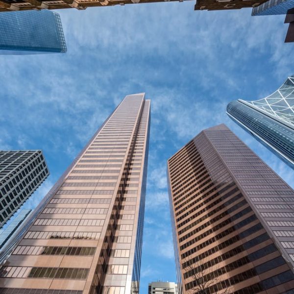 Calgary-city-skyscrapers Looking up at skyscrapers in the city of Calgary